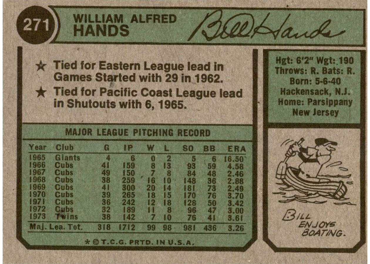 1974 Topps #271 Bill Hands card back
