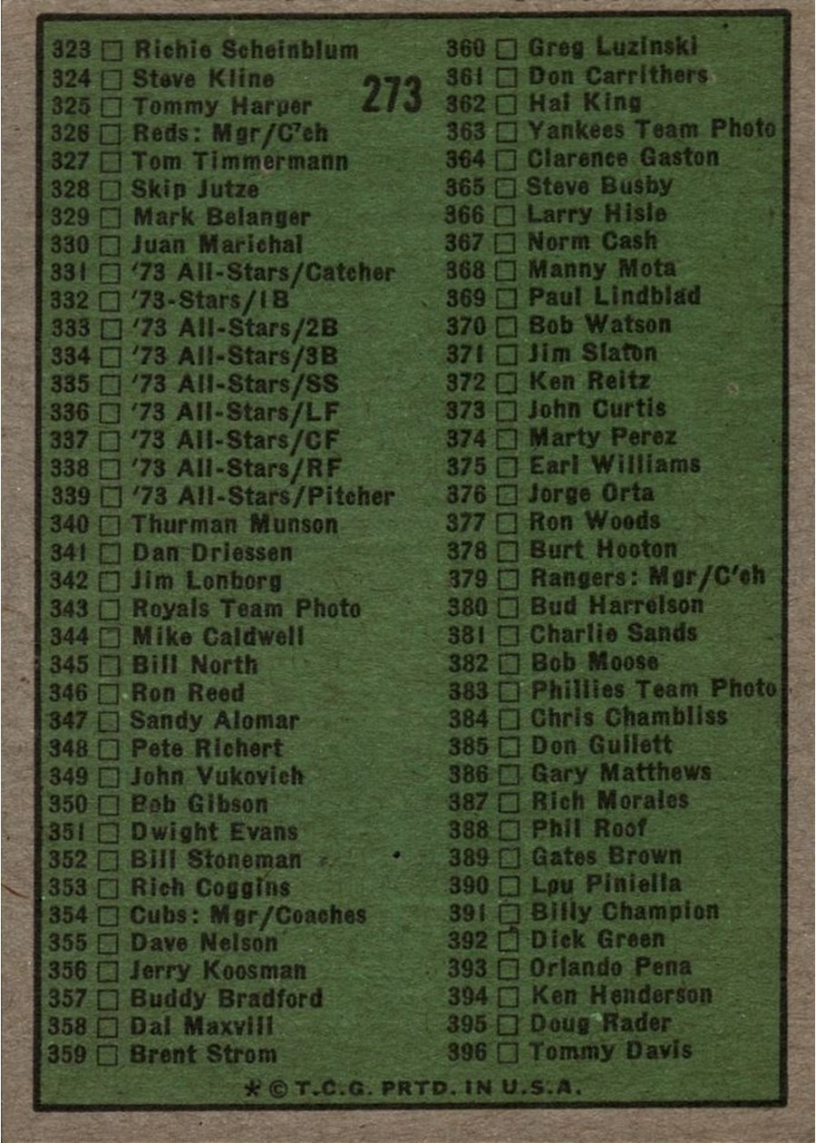 1974 Topps #273 Checklist: 265-396 card back