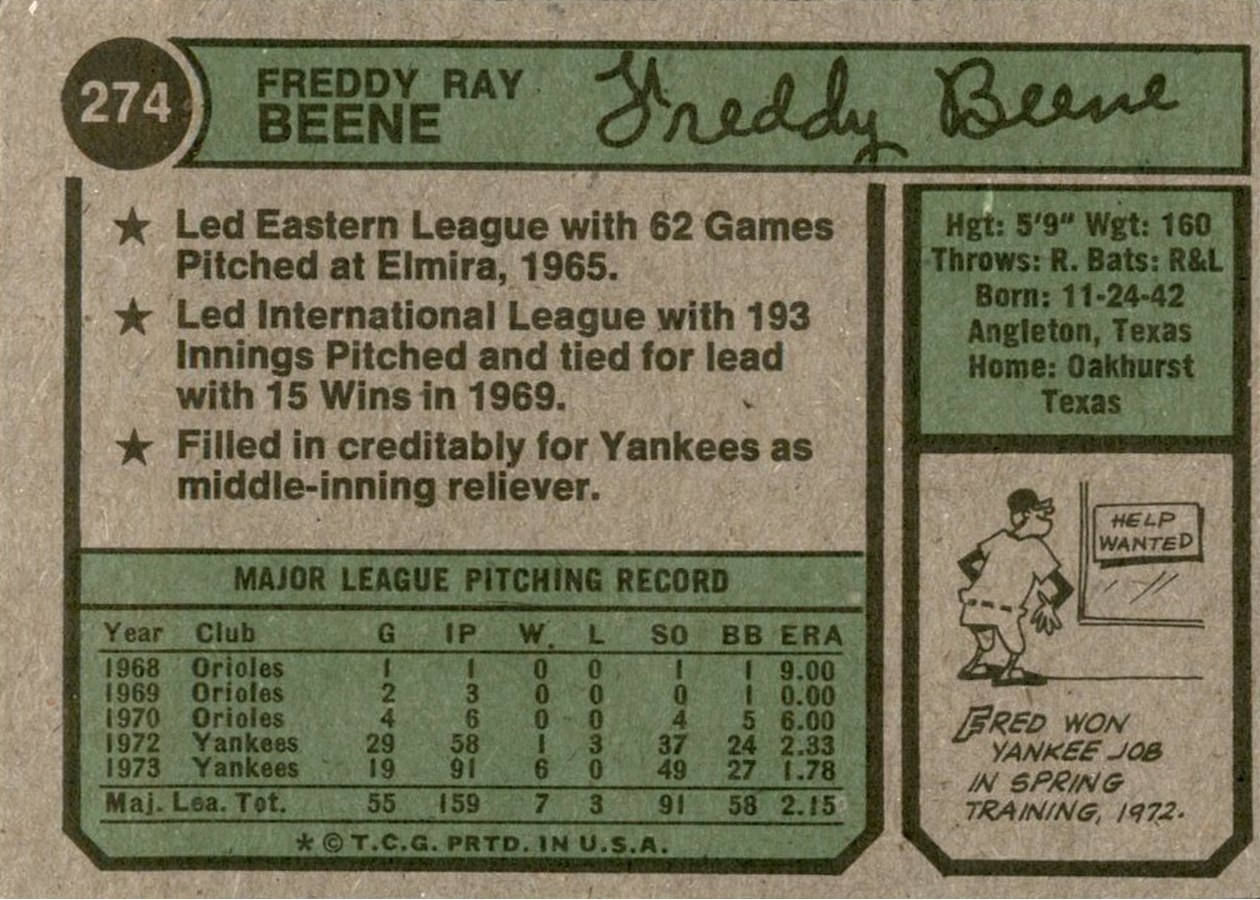 1974 Topps #274 Fred Beene card back