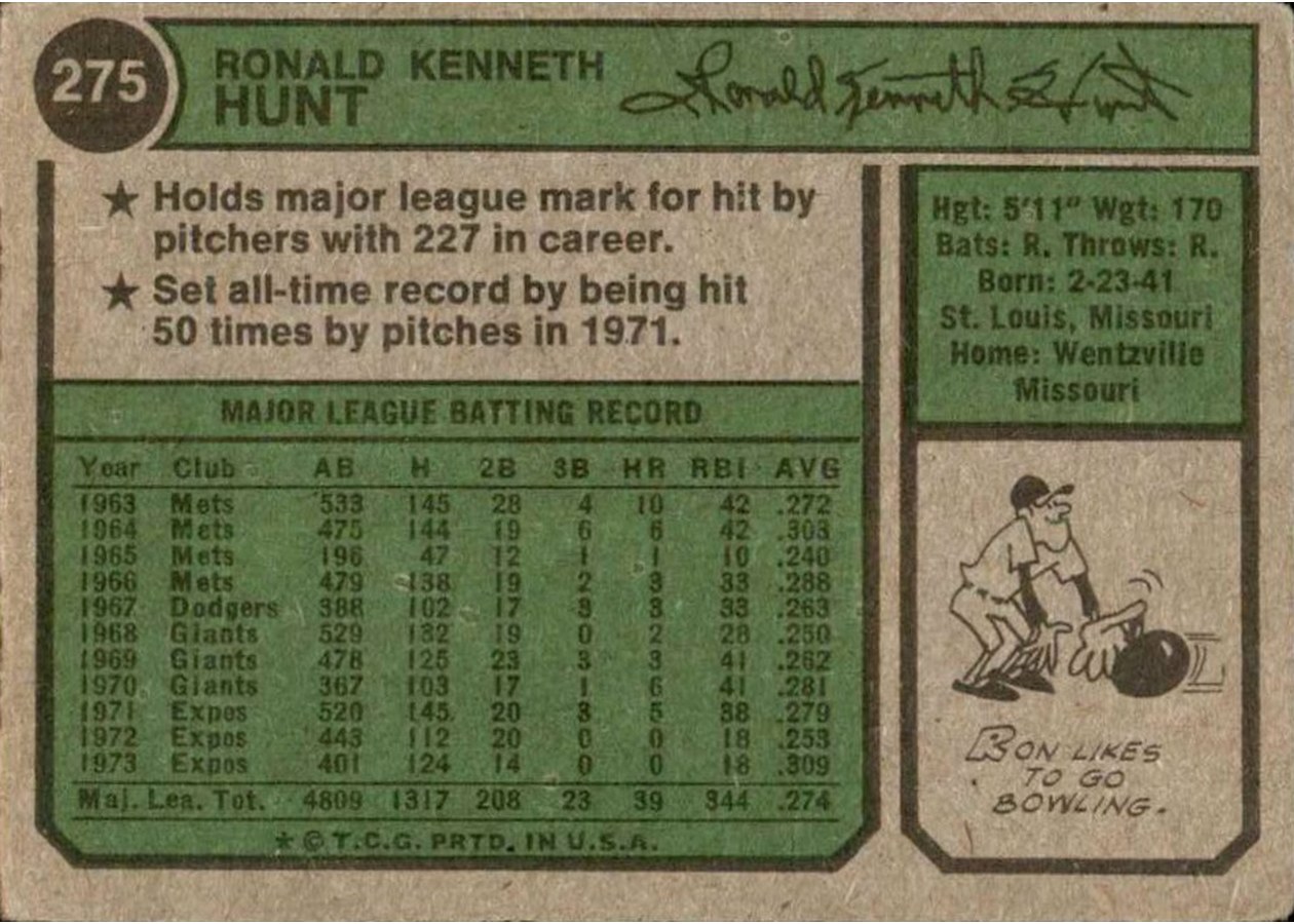1974 Topps #275 Ron Hunt card back