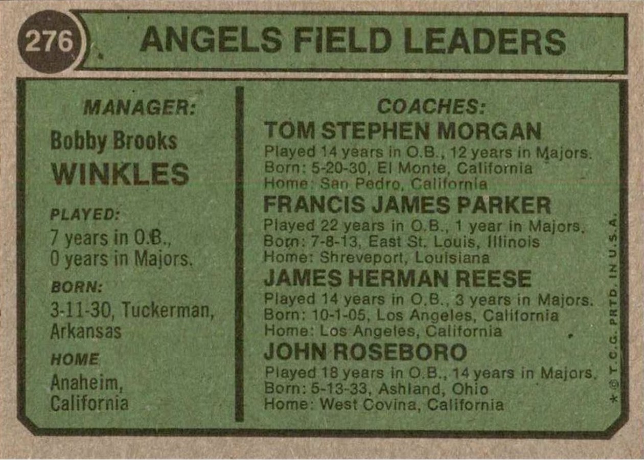 1974 Topps #276 Angels Field Leaders card back