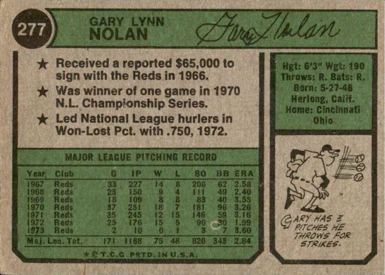 1974 Topps #277 Gary Nolan card back