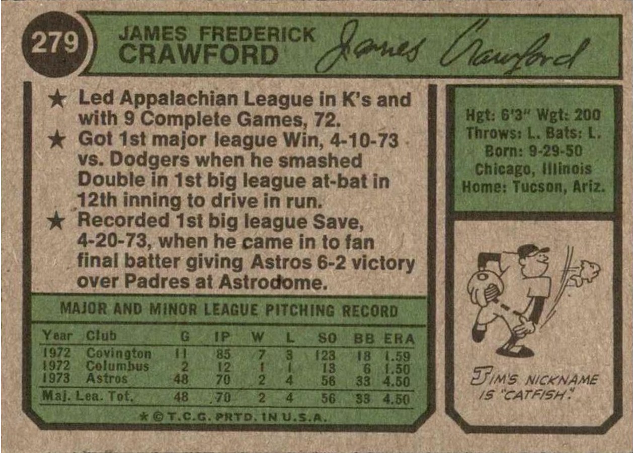 1974 Topps #279 Jim Crawford card back