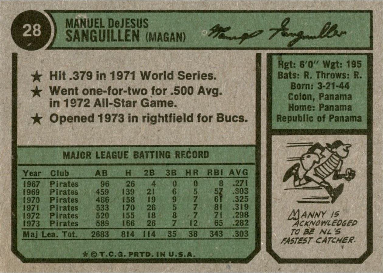 1974 Topps #28 Manny Sanguillen card back