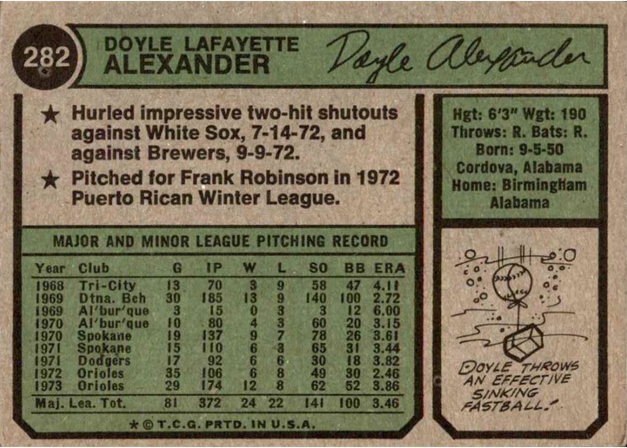 1974 Topps #282 Doyle Alexander card back
