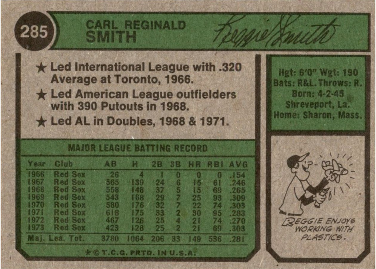 1974 Topps #285 Reggie Smith card back