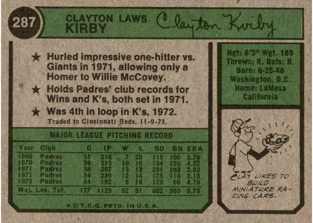 1974 Topps #287 Clay Kirby card back