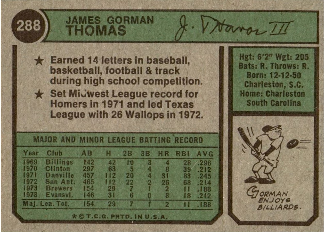 1974 Topps #288 Gorman Thomas card back