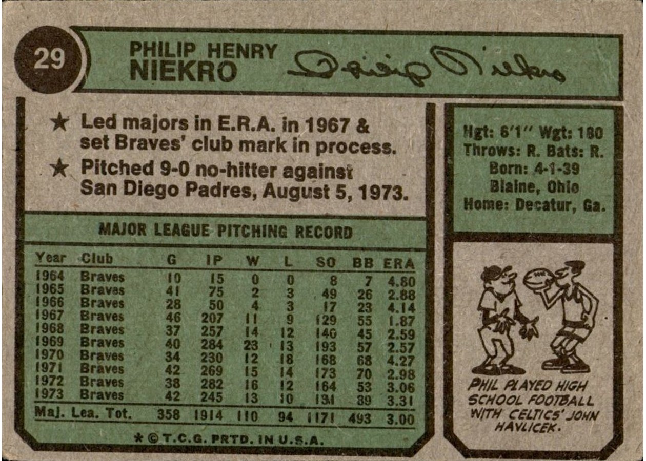 1974 Topps #29 Phil Niekro card back