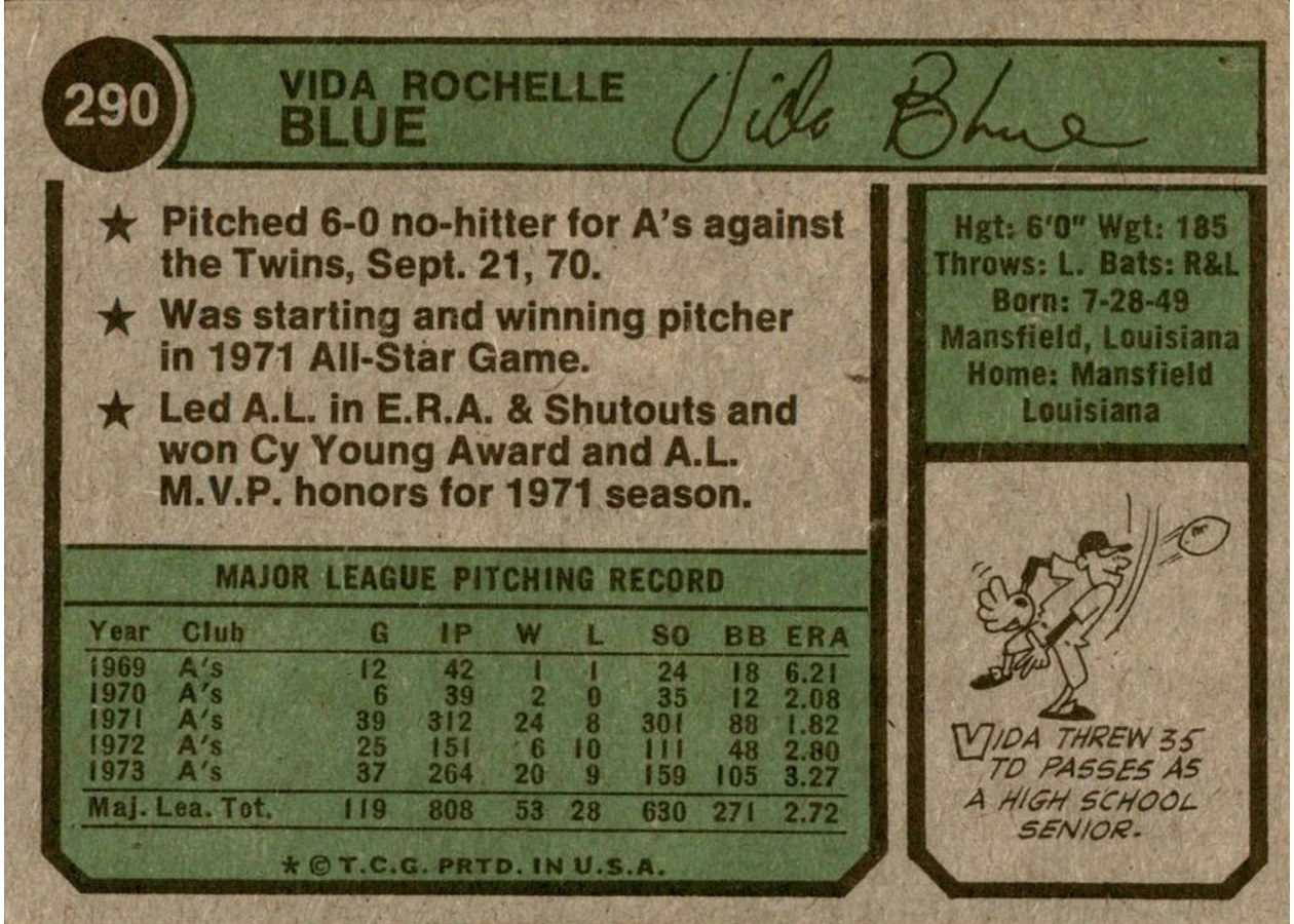 1974 Topps #290 Vida Blue card back