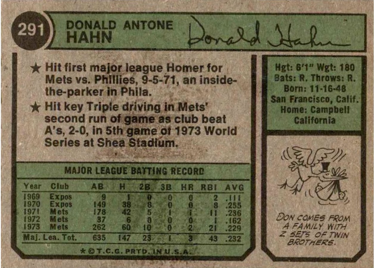 1974 Topps #291 Don Hahn card back