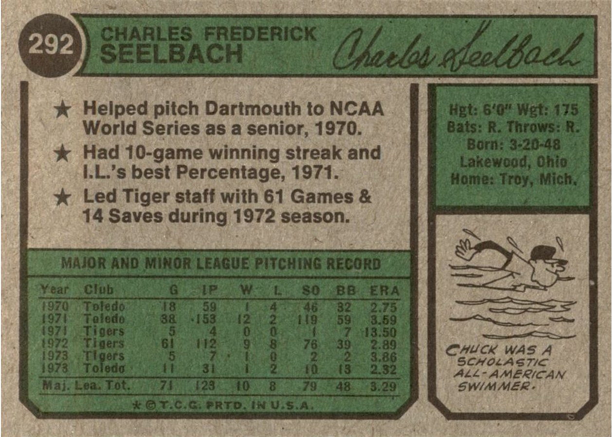 1974 Topps #292 Chuck Seelbach card back