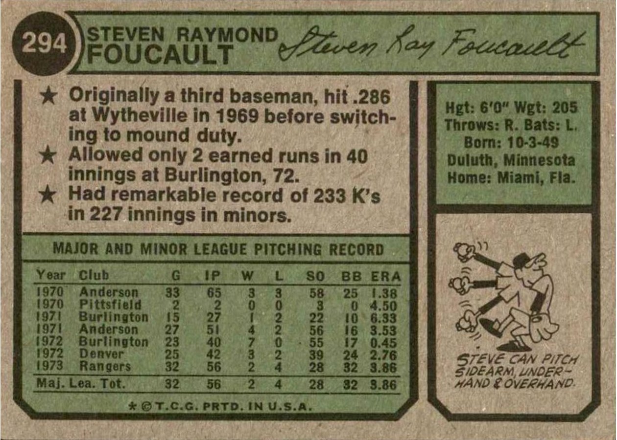 1974 Topps #294 Steve Foucault card back