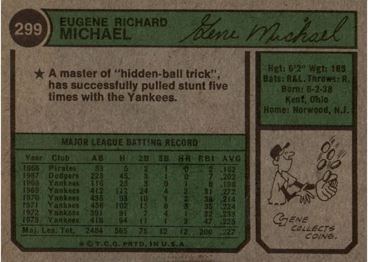 1974 Topps #299 Gene Michael card back
