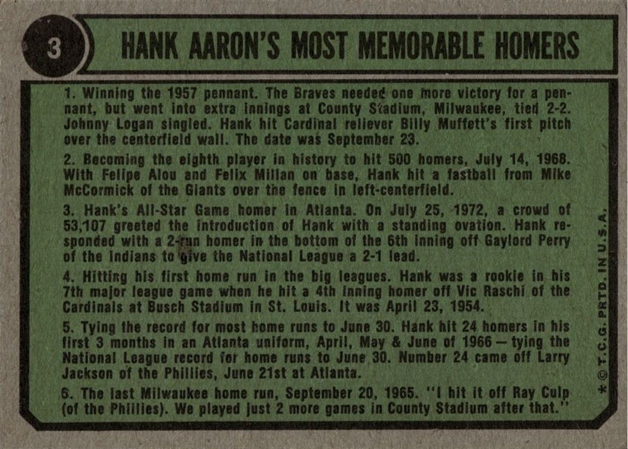 1974 Topps #3 Hank Aaron Special: 1958-1961 card back