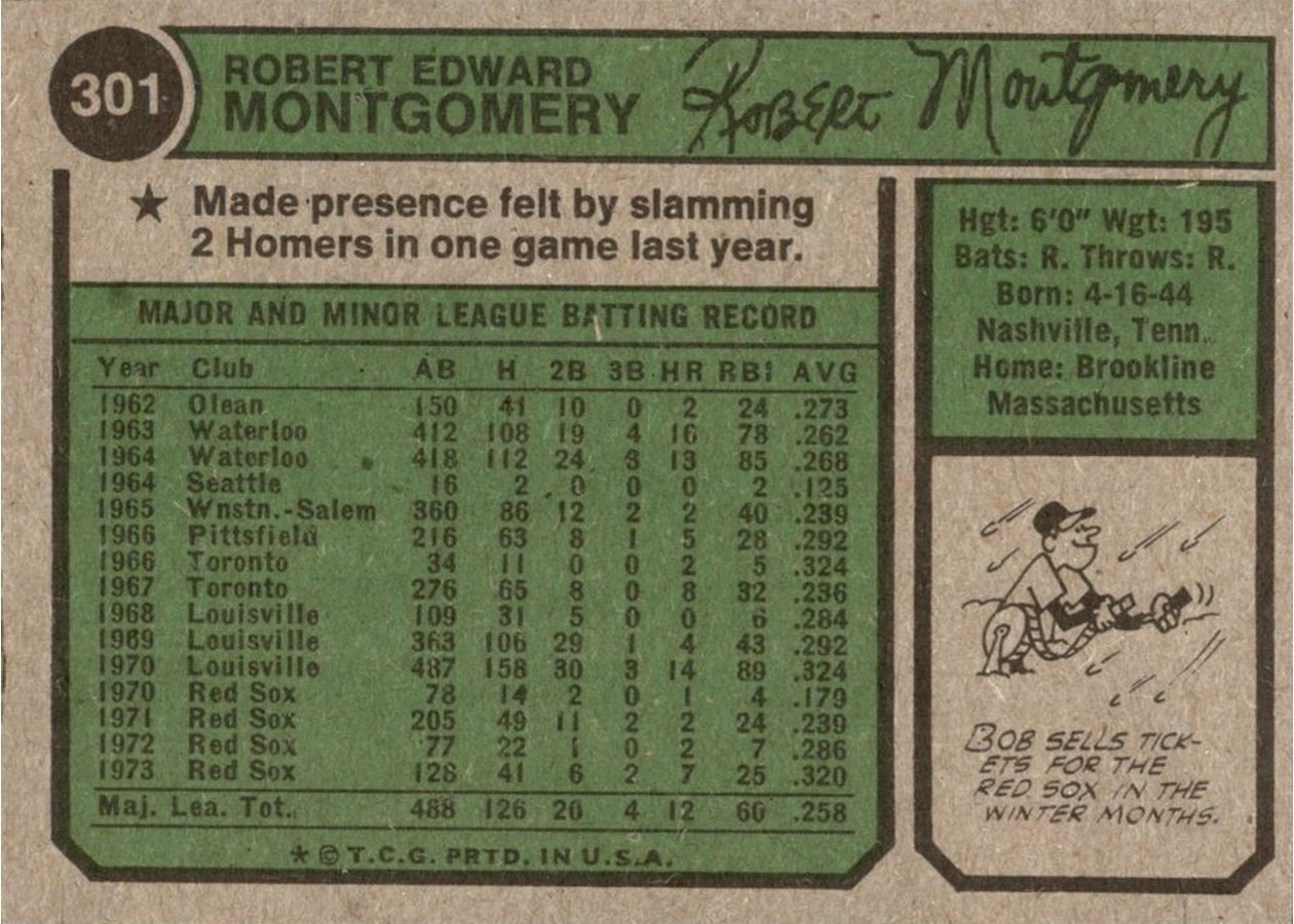 1974 Topps #301 Bob Montgomery card back