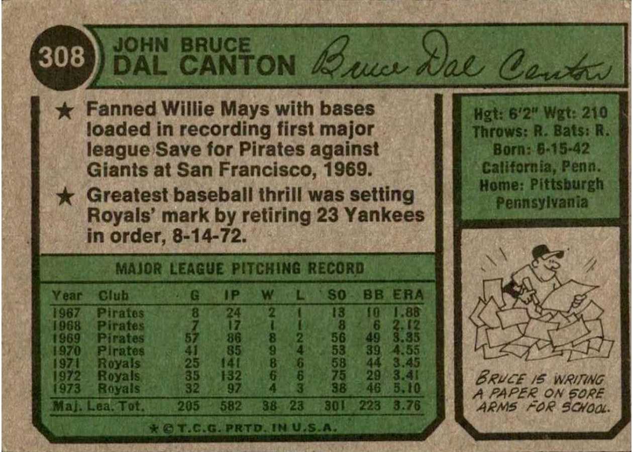 1974 Topps #308 Bruce Dal Canton card back