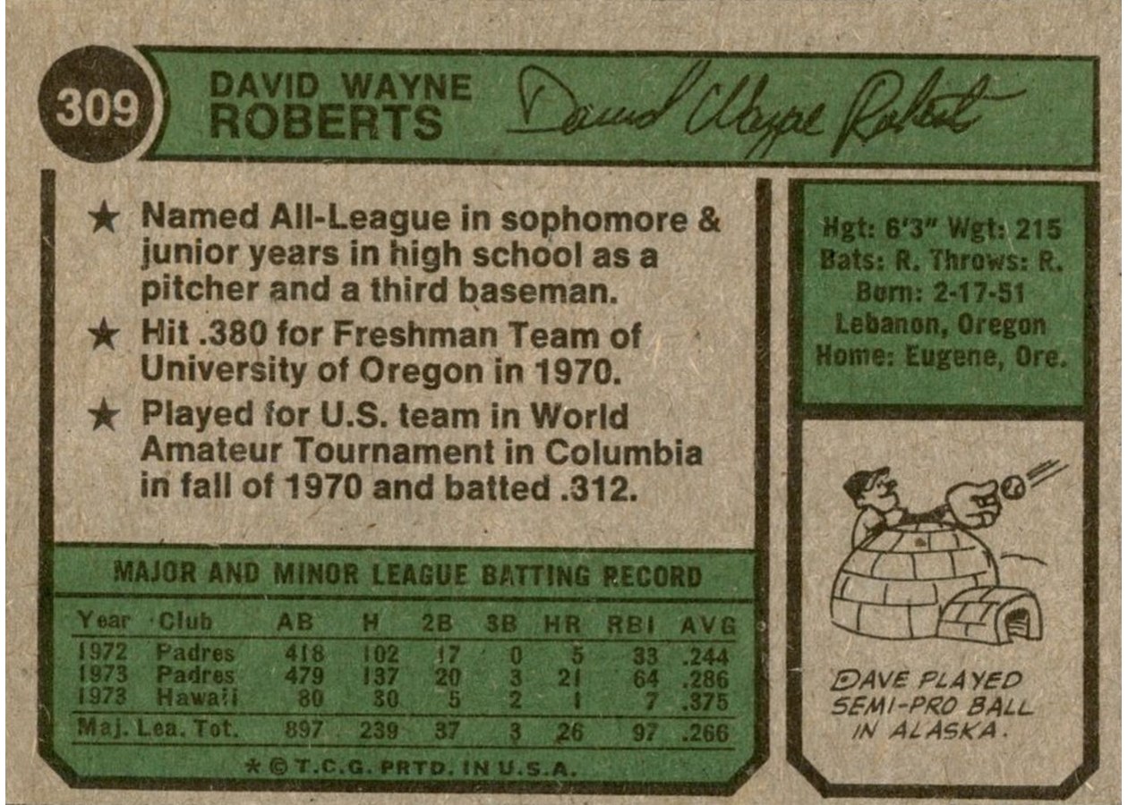 1974 Topps #309 Dave Roberts card back