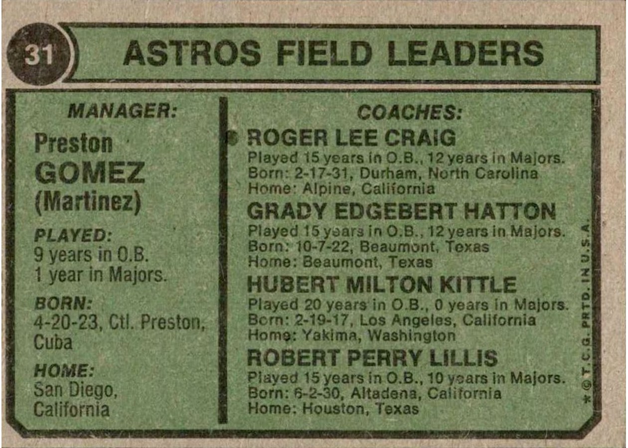 1974 Topps #31 Astros Field Leaders card back