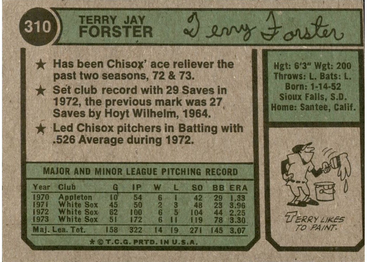 1974 Topps #310 Terry Forster card back
