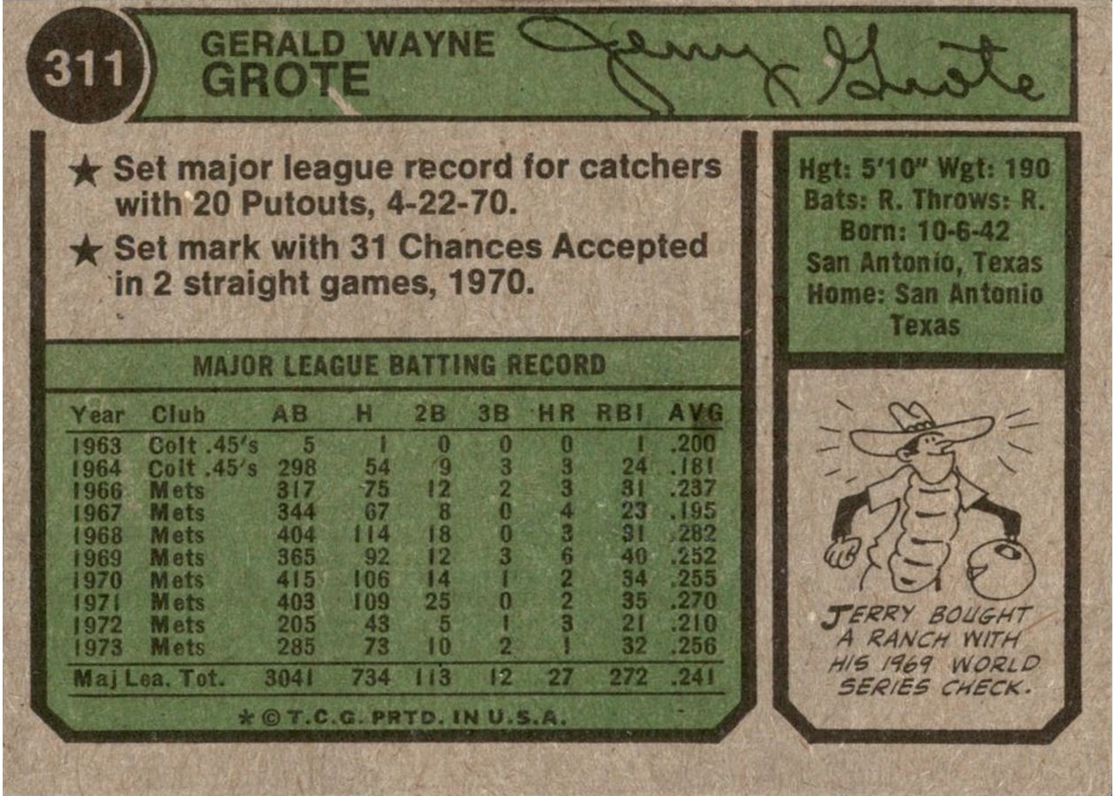 1974 Topps #311 Jerry Grote card back