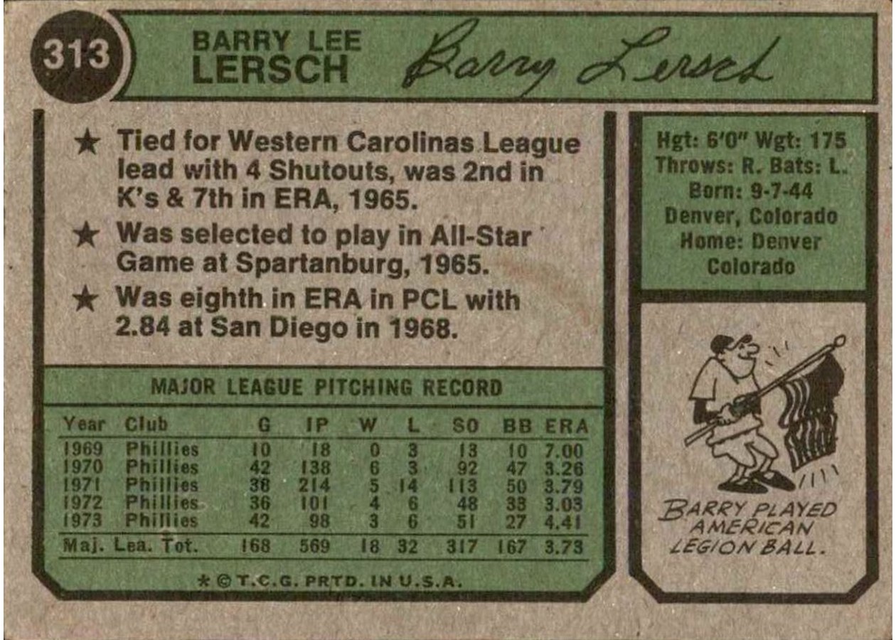 1974 Topps #313 Barry Lersch card back