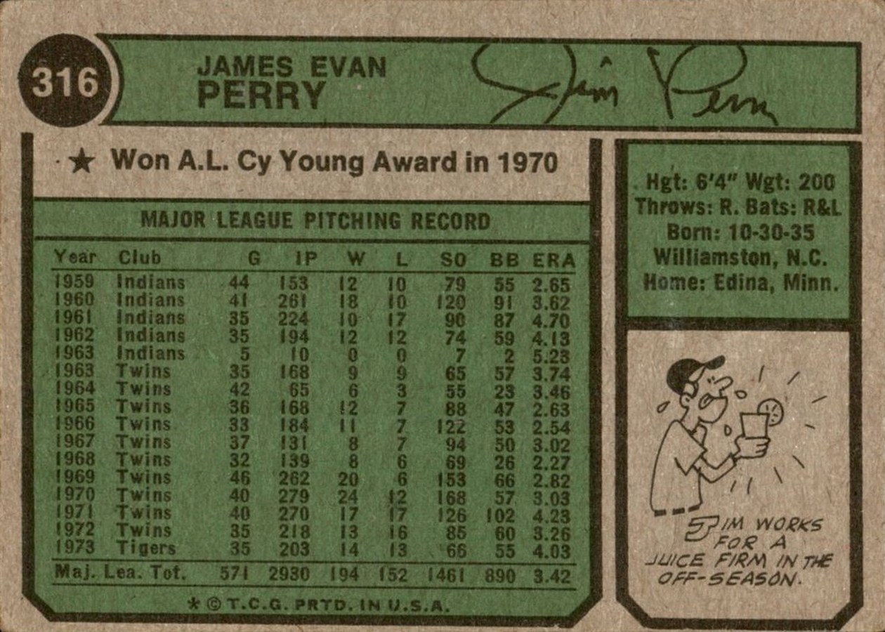 1974 Topps #316 Jim Perry card back
