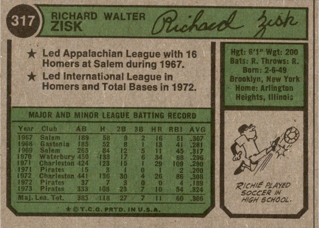 1974 Topps #317 Richie Zisk card back
