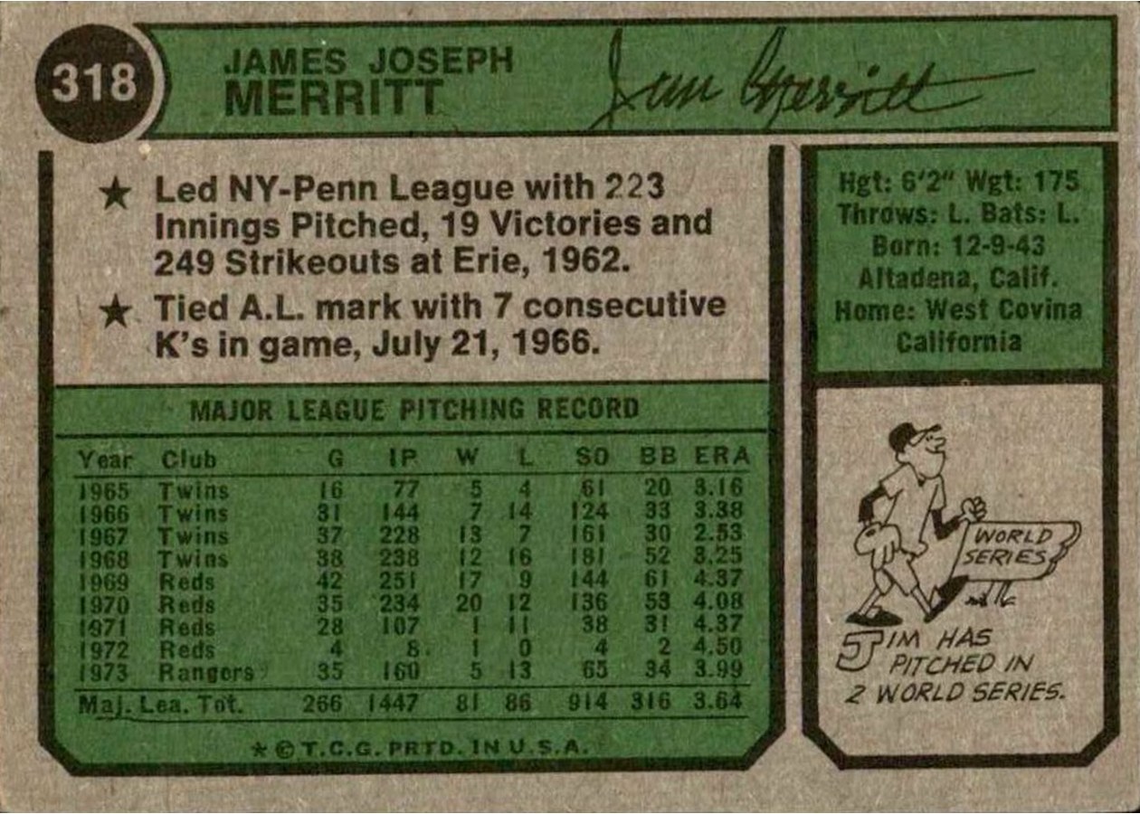 1974 Topps #318 Jim Merritt card back