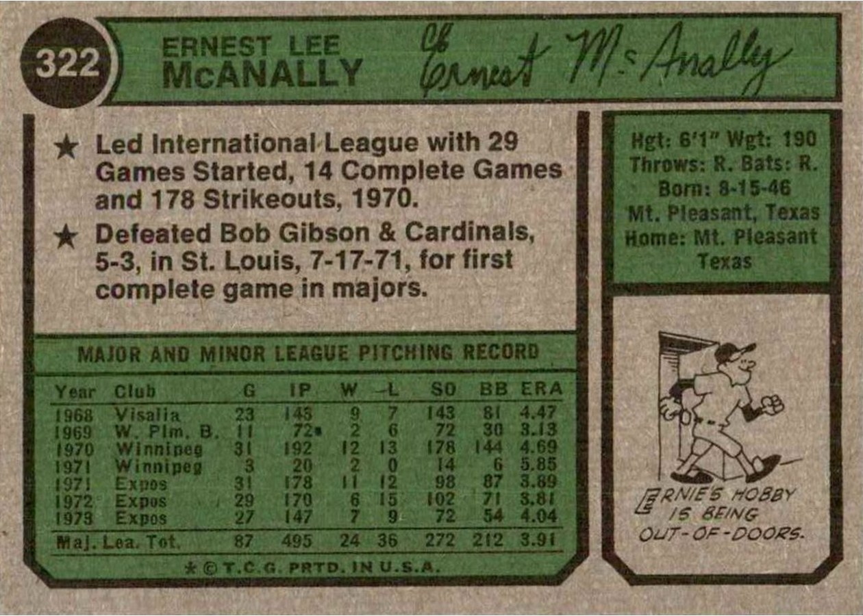 1974 Topps #322 Ernie McAnally card back