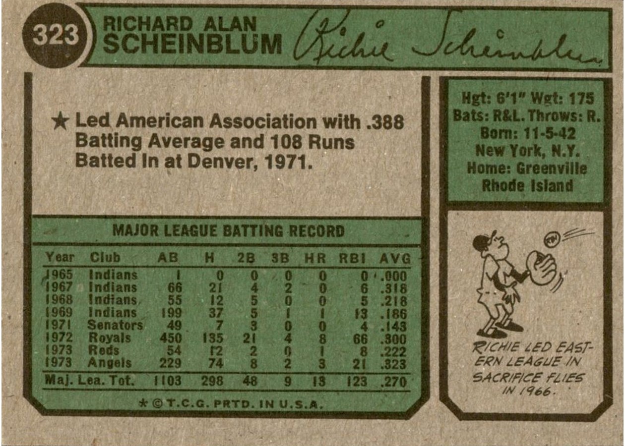 1974 Topps #323 Richie Scheinblum card back