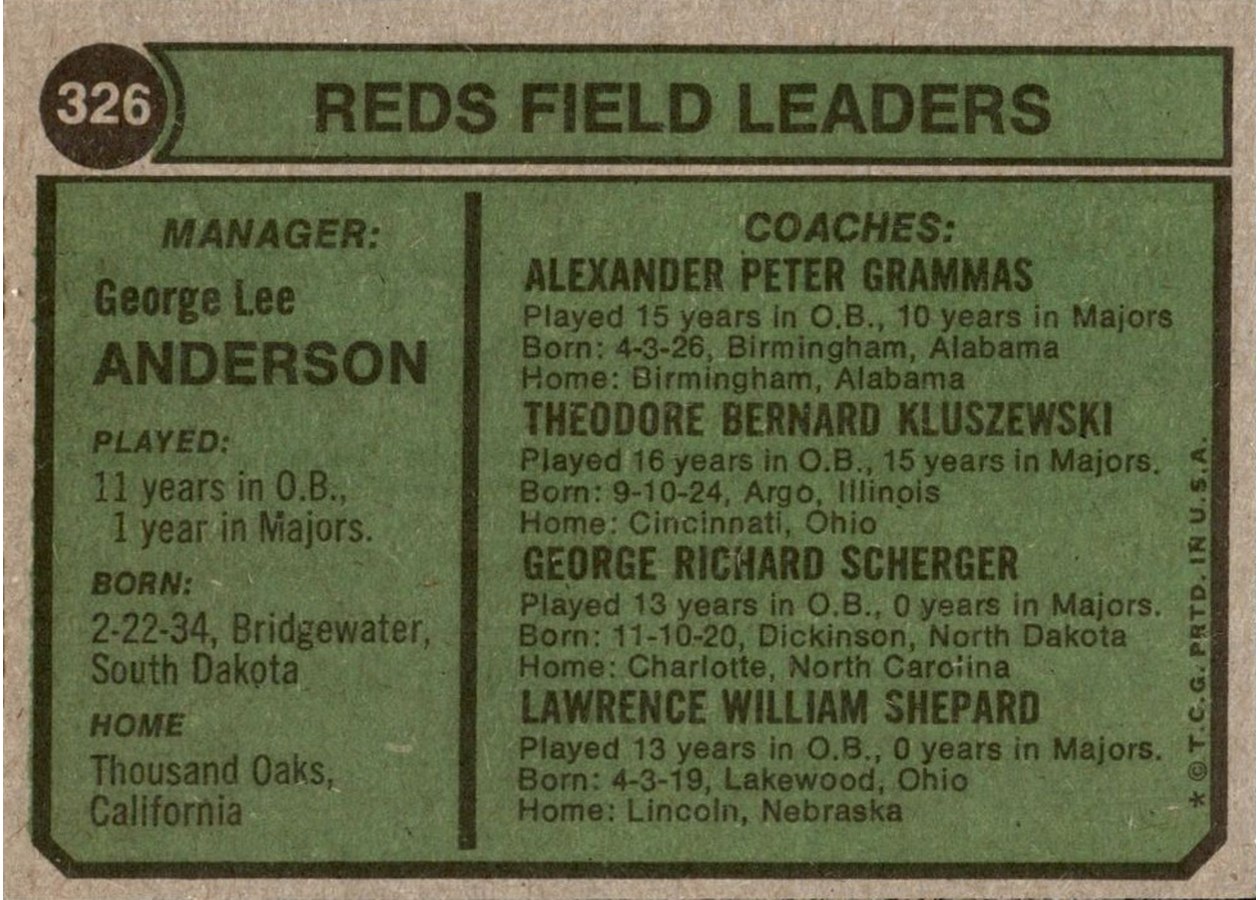 1974 Topps #326 Reds Field Leaders card back