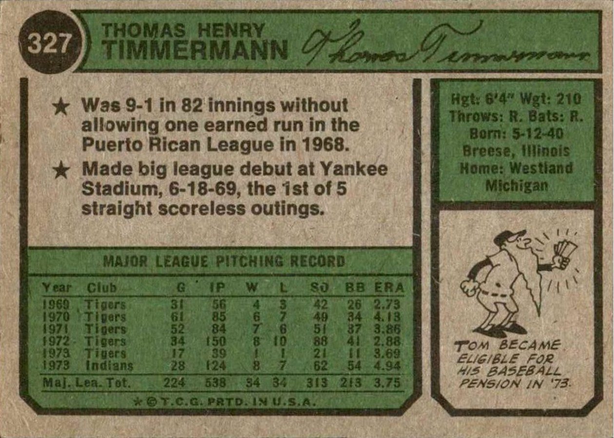 1974 Topps #327 Tom Timmermann card back
