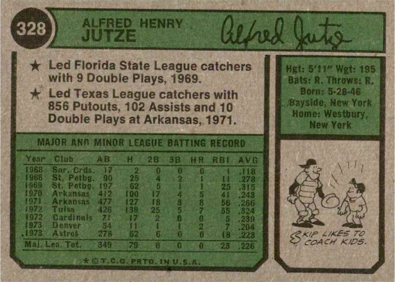 1974 Topps #328 Skip Jutze card back
