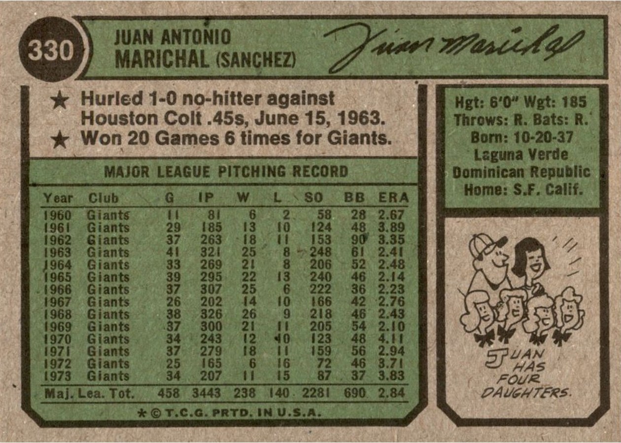 1974 Topps #330 Juan Marichal card back