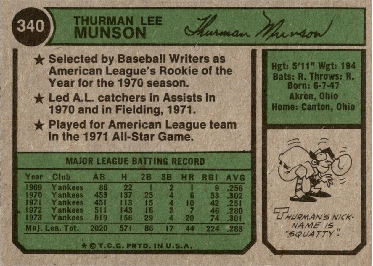 1974 Topps #340 Thurman Munson card back
