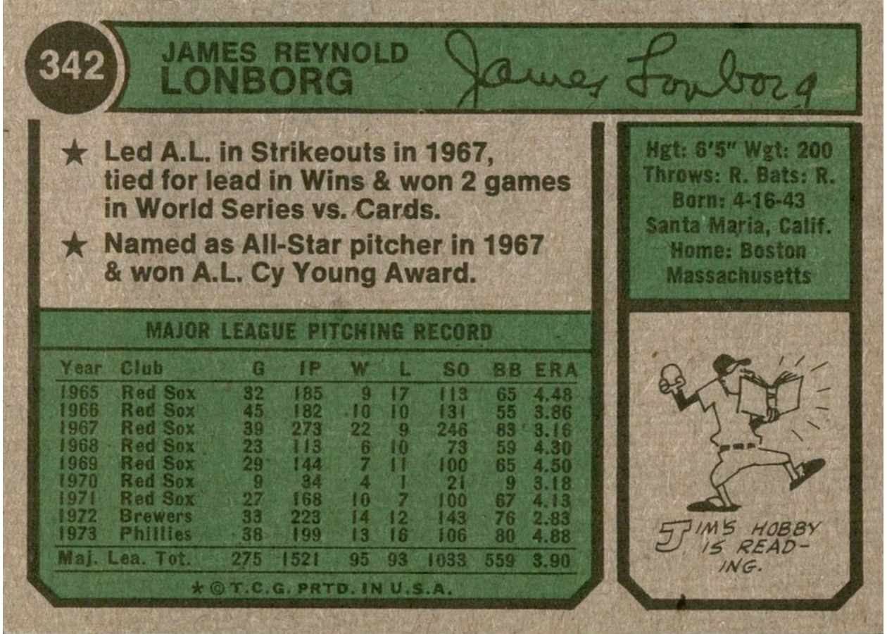 1974 Topps #342 Jim Lonborg card back