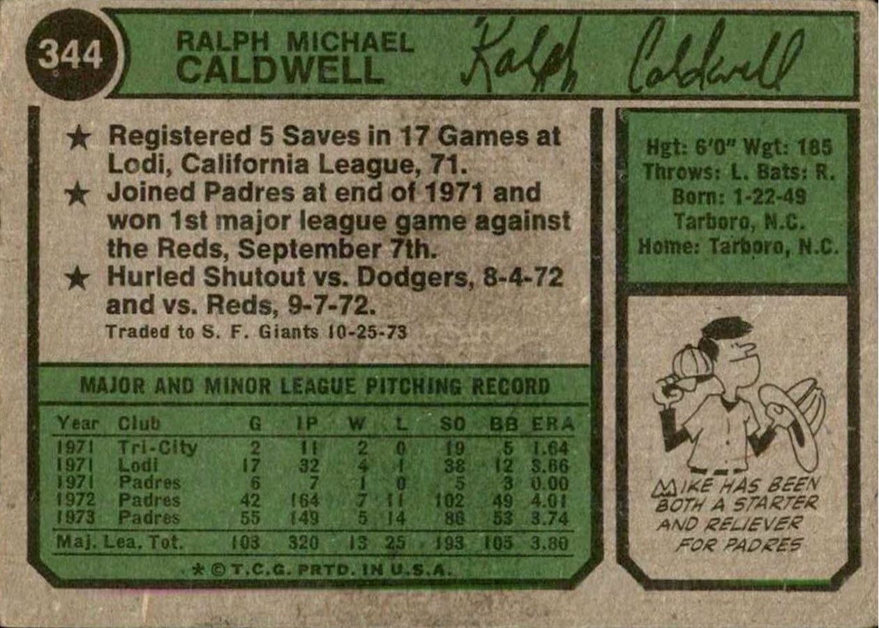 1974 Topps #344 Mike Caldwell card back