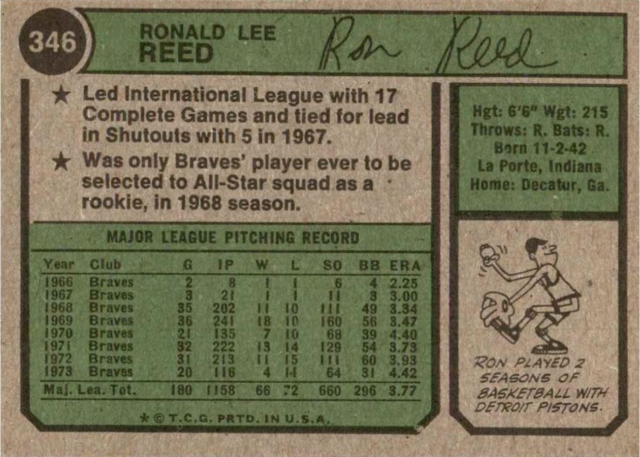 1974 Topps #346 Ron Reed card back