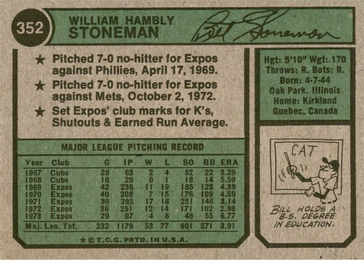 1974 Topps #352 Bill Stoneman card back