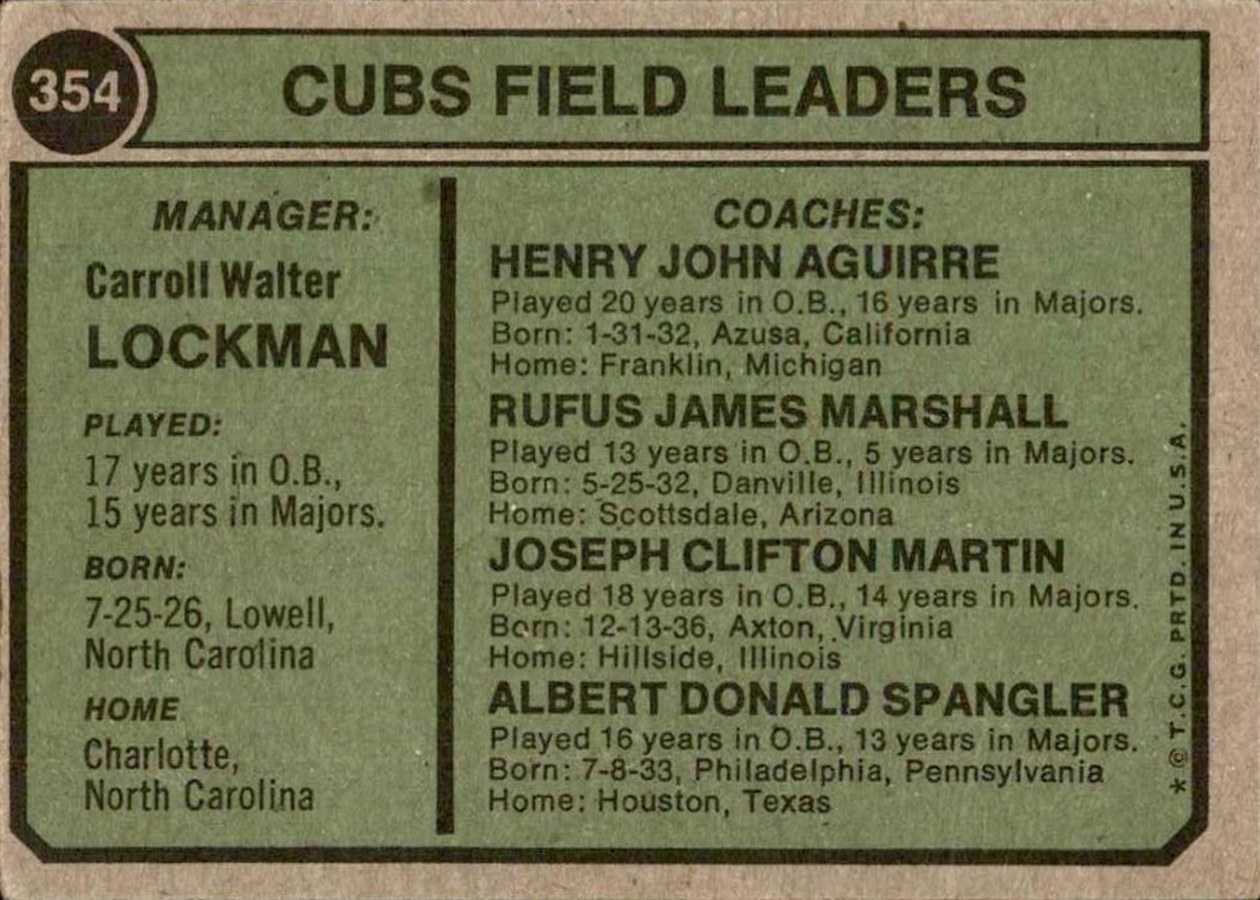 1974 Topps #354 Cubs Field Leaders card back