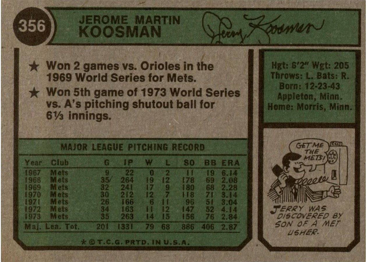 1974 Topps #356 Jerry Koosman card back