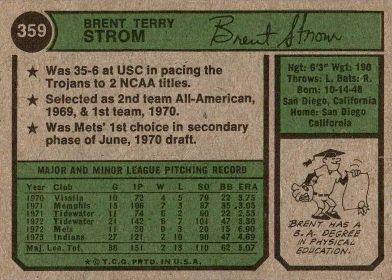 1974 Topps #359 Brent Strom card back