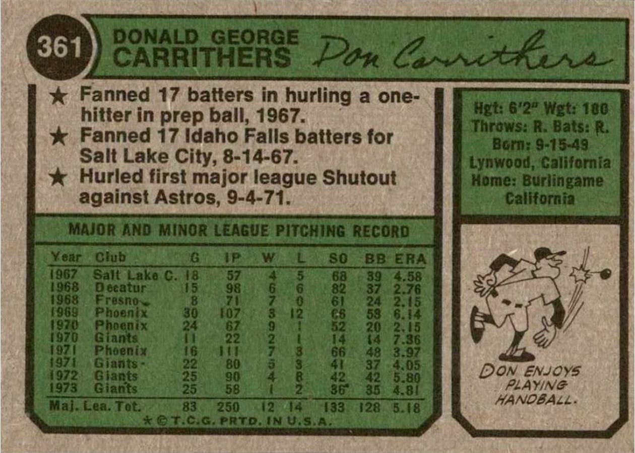 1974 Topps #361 Don Carrithers card back