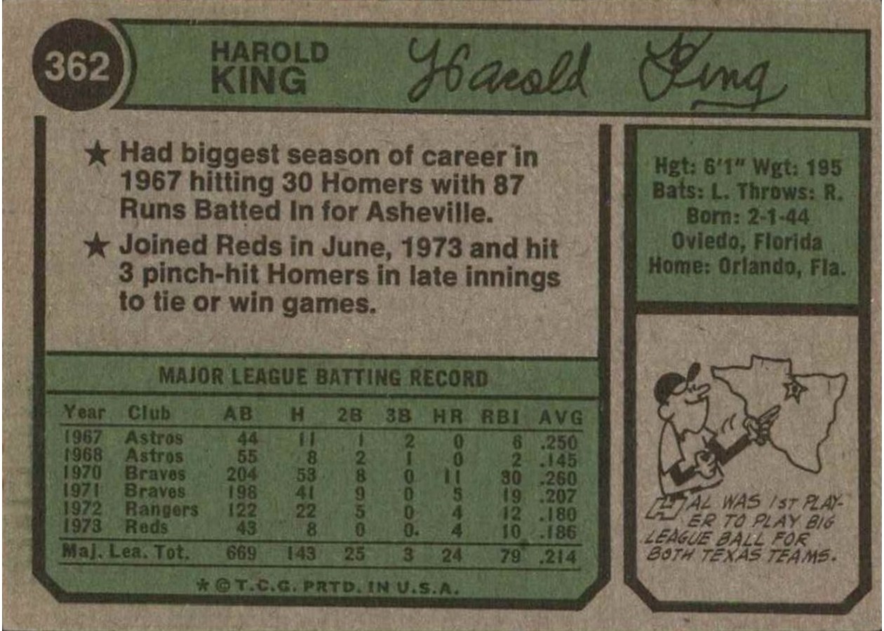 1974 Topps #362 Hal King card back