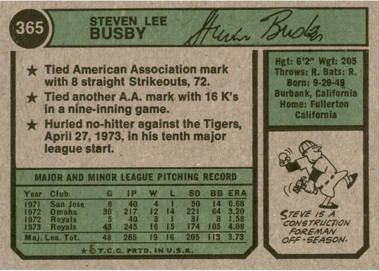 1974 Topps #365 Steve Busby card back