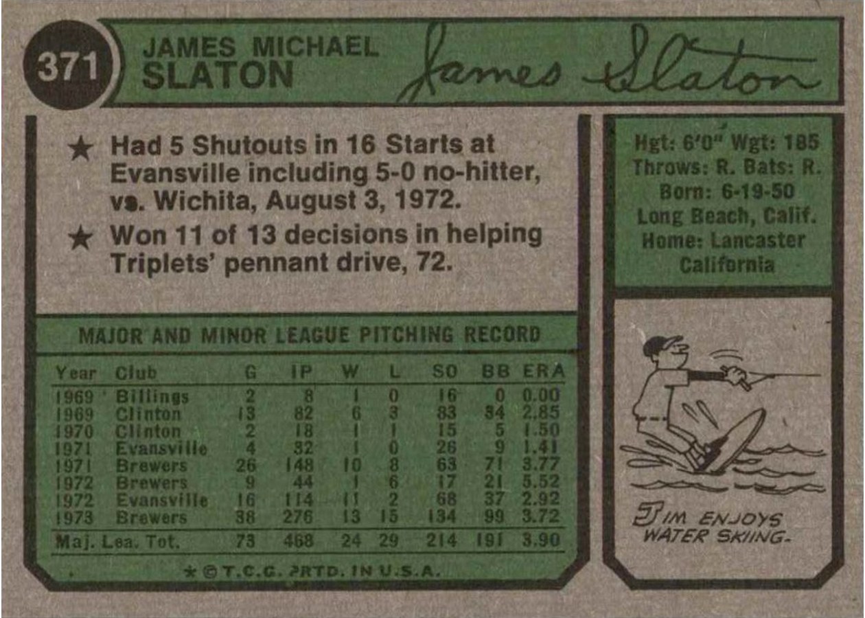 1974 Topps #371 Jim Slaton card back