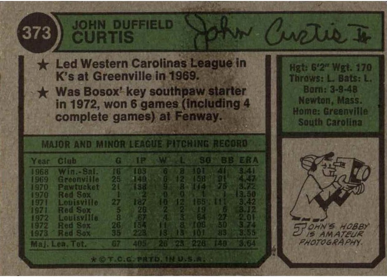 1974 Topps #373 John Curtis card back