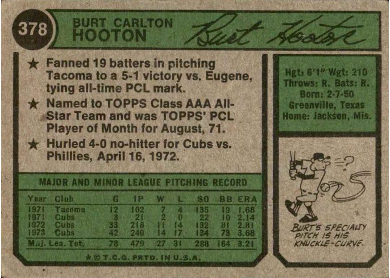 1974 Topps #378 Burt Hooton card back