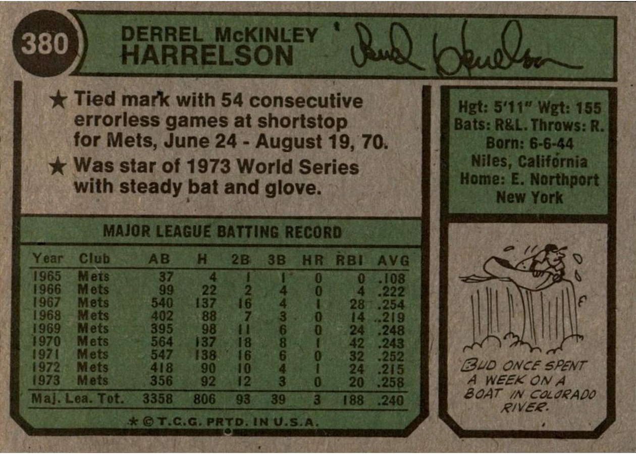1974 Topps #380 Bud Harrelson card back